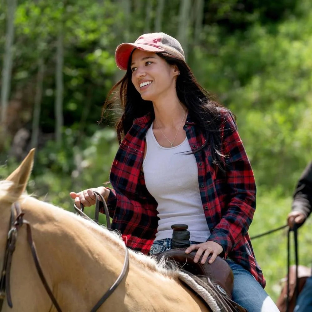 Red studded plaid Worn by Monica Dutton